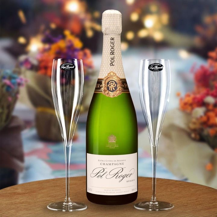 Personalised Pol Roger Brut Reserve Champagne Gift Hamper - Includes 2 Fine Crystal Champagne Glasses