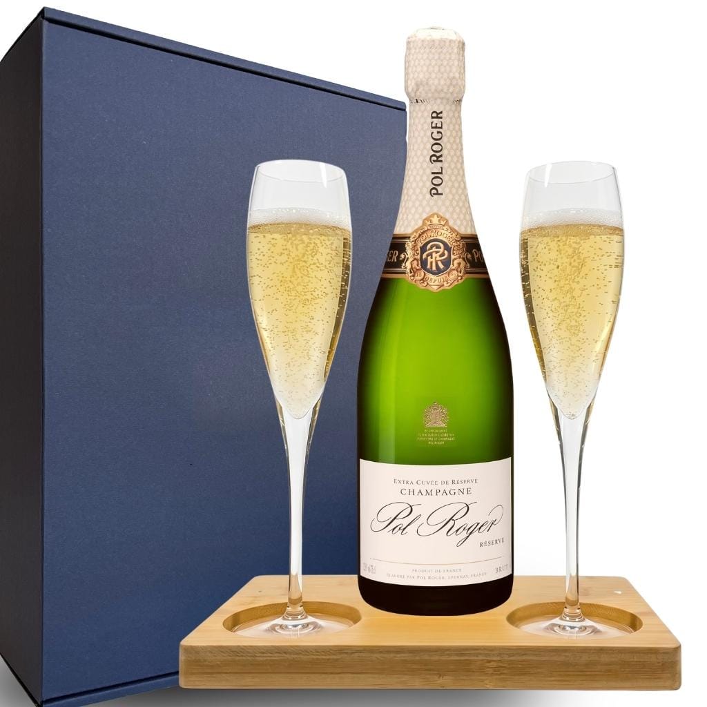 Personalised Pol Roger Brut Reserve Champagne Gift Hamper - Includes 2 Fine Crystal Champagne Glasses and Wooden Presentation Stand