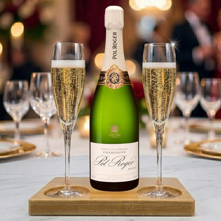 Personalised Pol Roger Brut Reserve Champagne Gift Hamper - Includes 2 Fine Crystal Champagne Glasses and Wooden Presentation Stand