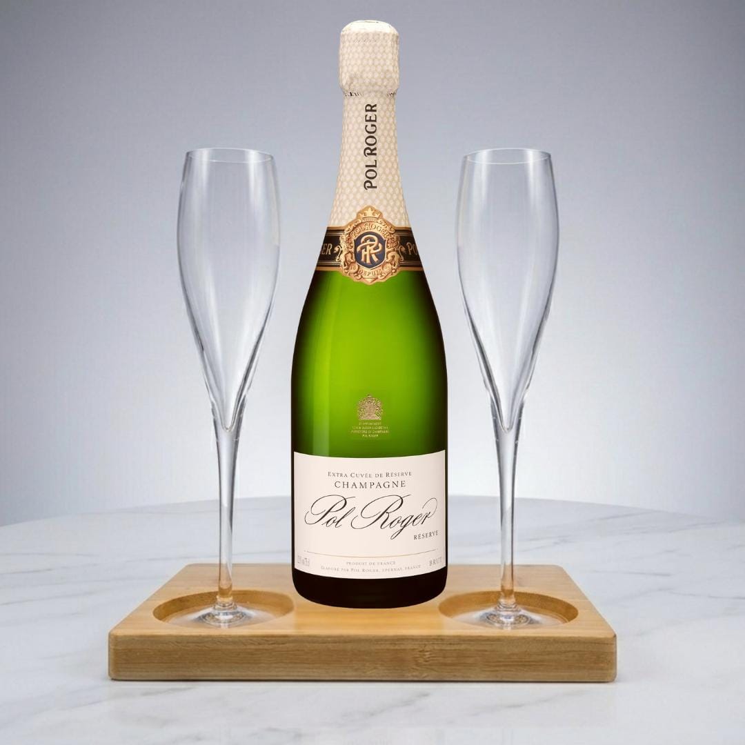Personalised Pol Roger Brut Reserve Champagne Gift Hamper - Includes 2 Fine Crystal Champagne Glasses and Wooden Presentation Stand
