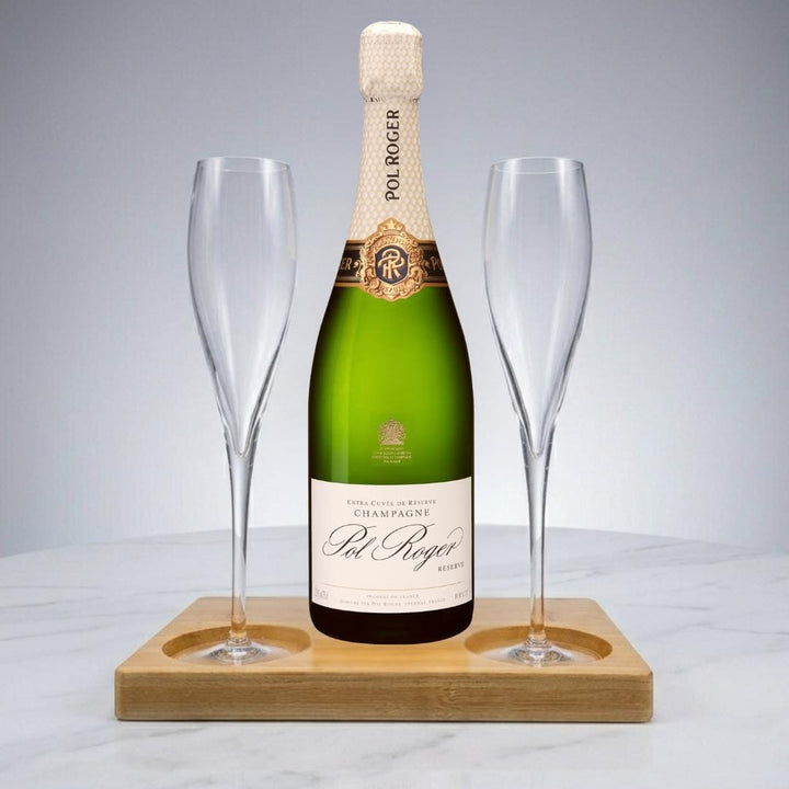 Personalised Pol Roger Brut Reserve Champagne Gift Hamper - Includes 2 Fine Crystal Champagne Glasses and Wooden Presentation Stand