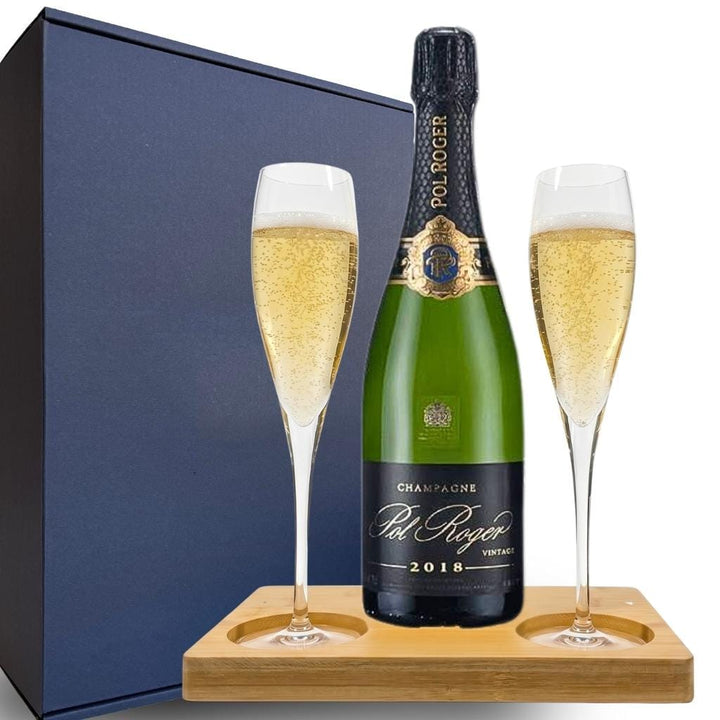 Personalised Pol Roger Vintage Champagne Gift Hamper - Includes 2 Fine Crystal Champagne Glasses and Wooden Presentation Stand