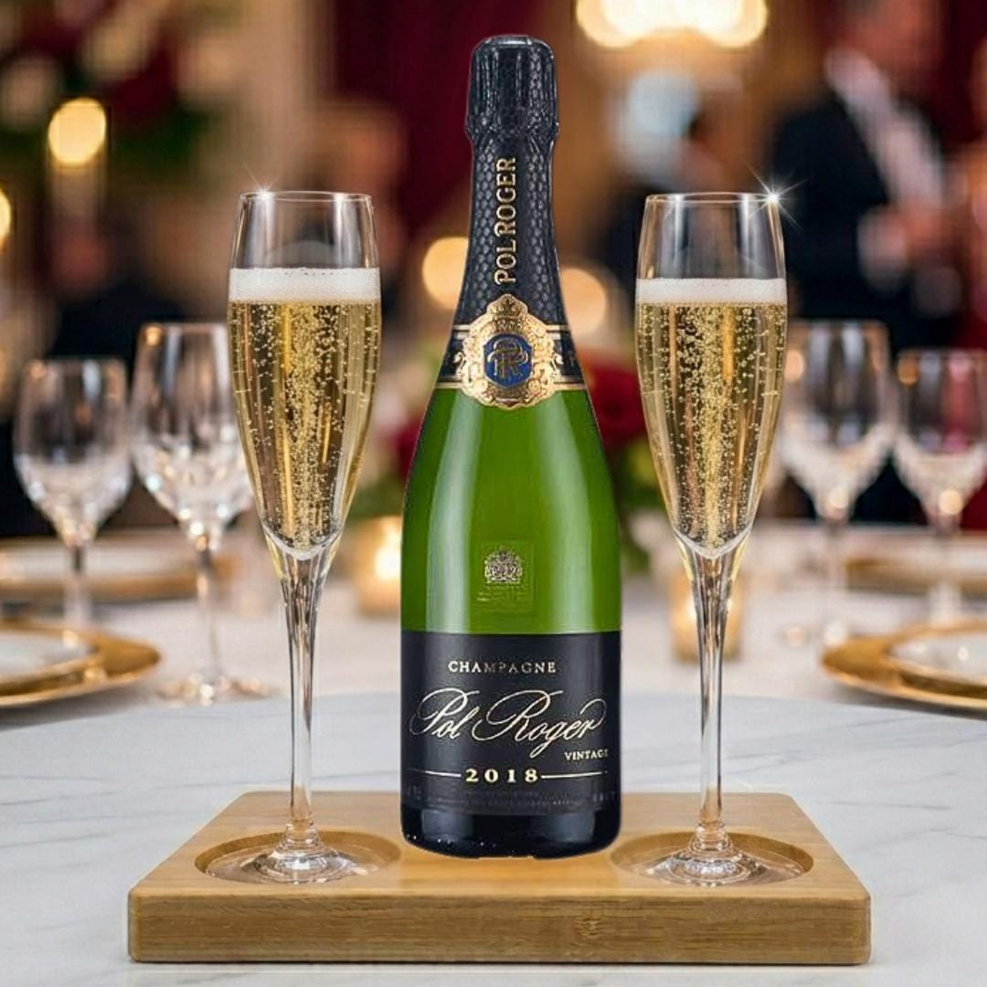 Personalised Pol Roger Vintage Champagne Gift Hamper - Includes 2 Fine Crystal Champagne Glasses and Wooden Presentation Stand