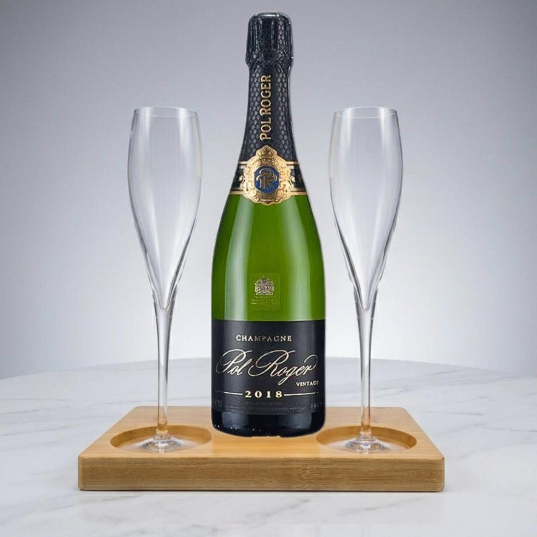 Personalised Pol Roger Vintage Champagne Gift Hamper - Includes 2 Fine Crystal Champagne Glasses and Wooden Presentation Stand