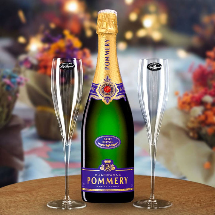 Pommery Brut Royal NV Champagne Gift Hamper - Includes 2 Crystal Champagne Flutes