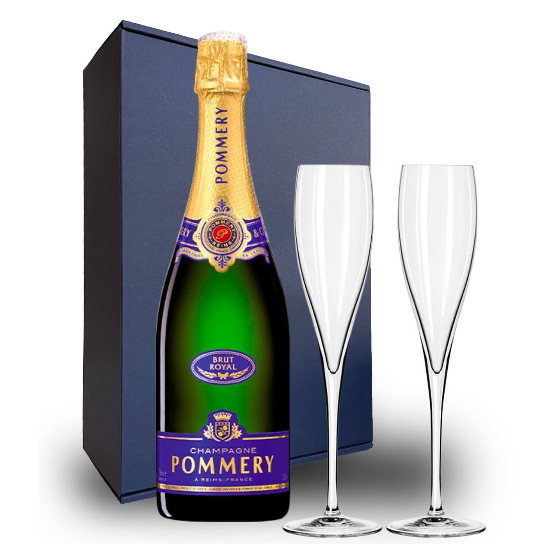 Pommery Brut Royal NV Champagne Gift Hamper - Includes 2 Crystal Champagne Flutes