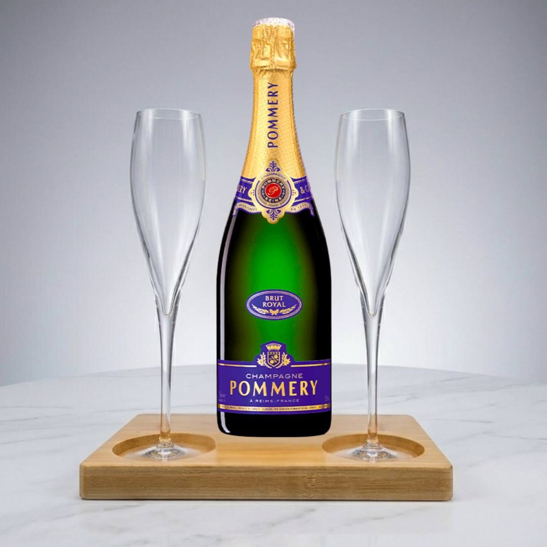 Pommery Brut Royal NV Champagne Gift Hamper - Includes 2 Crystal Champagne Flutes and Wooden Presentation Stand