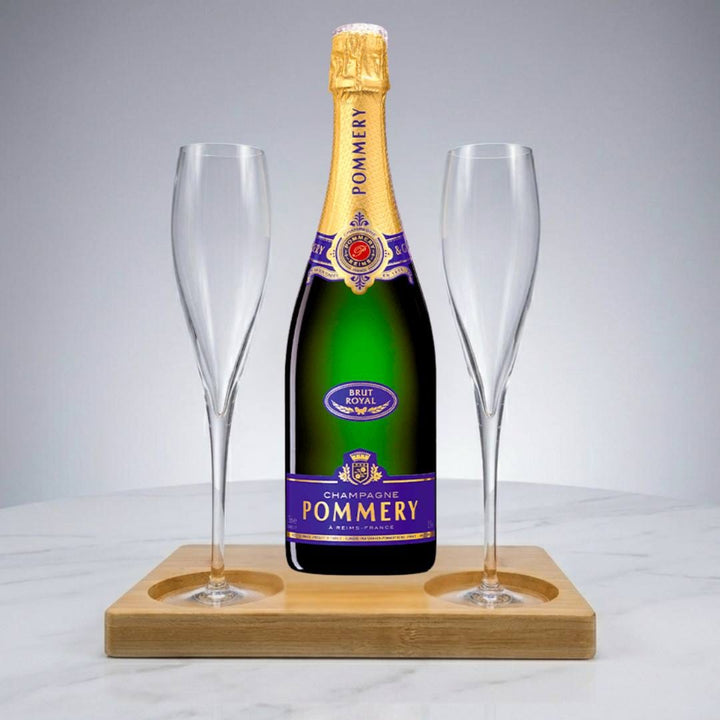 Pommery Brut Royal NV Champagne Gift Hamper - Includes 2 Crystal Champagne Flutes and Wooden Presentation Stand