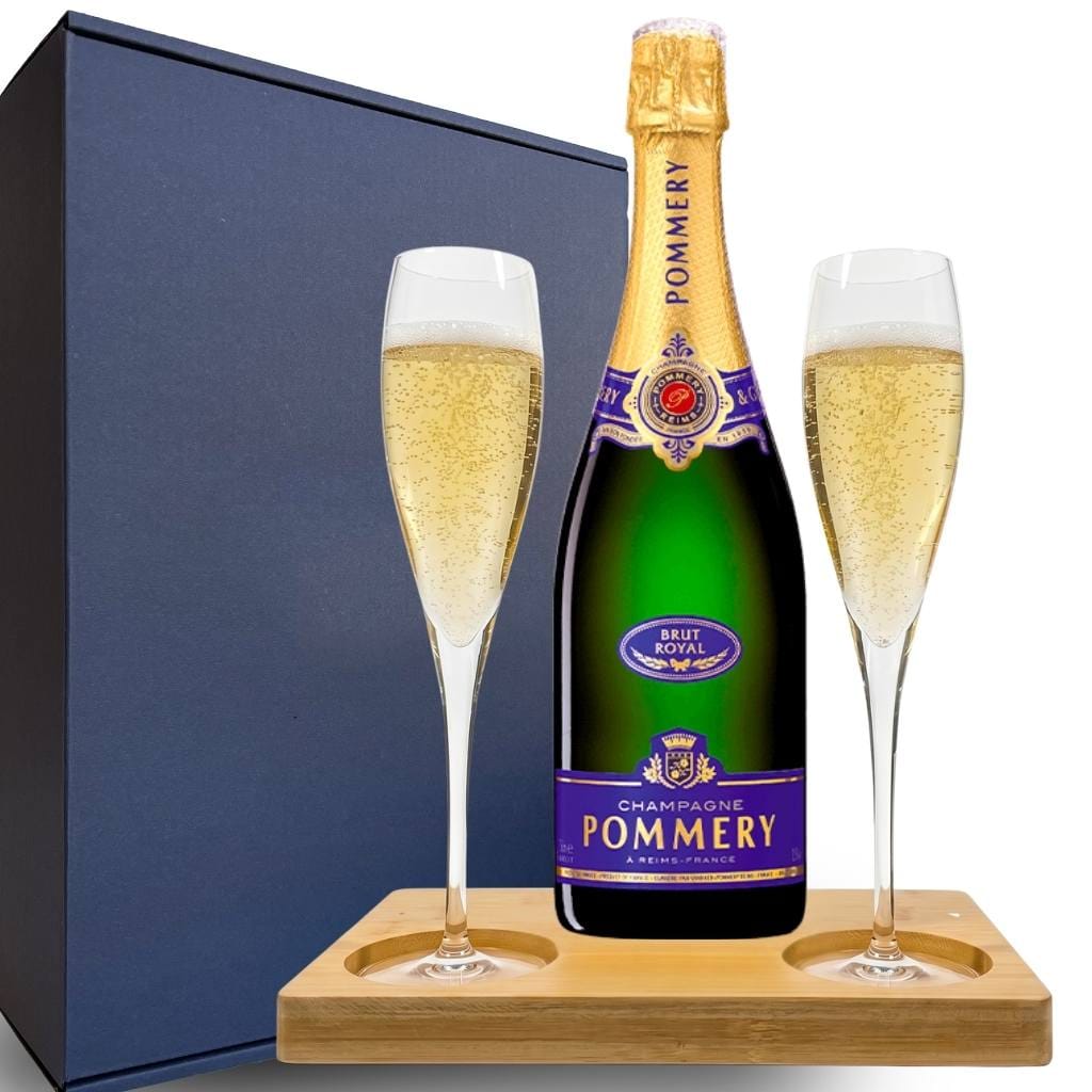 Pommery Brut Royal NV Champagne Gift Hamper - Includes 2 Crystal Champagne Flutes and Wooden Presentation Stand