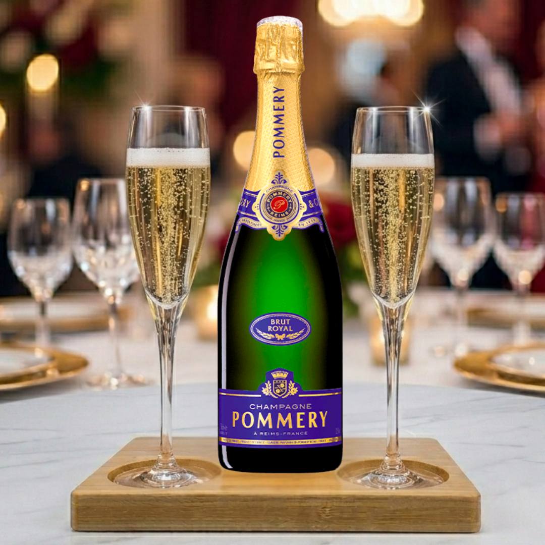 Pommery Brut Royal NV Champagne Gift Hamper - Includes 2 Crystal Champagne Flutes and Wooden Presentation Stand