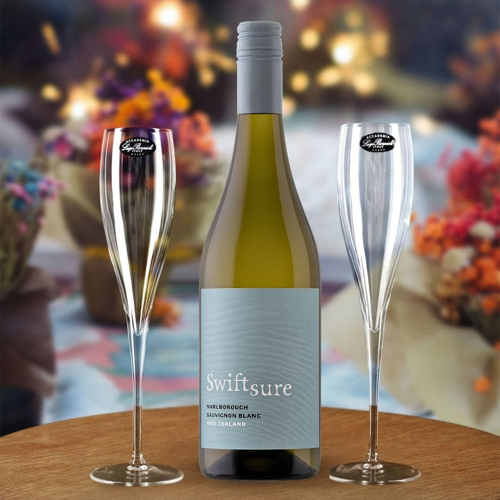 Swiftsure Marlborough Sauvignon Blanc Gift Hamper - Includes 2 Crystal Champagne Flutes
