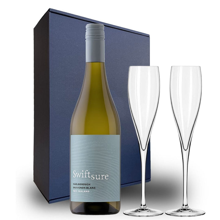 Swiftsure Marlborough Sauvignon Blanc Gift Hamper - Includes 2 Crystal Champagne Flutes