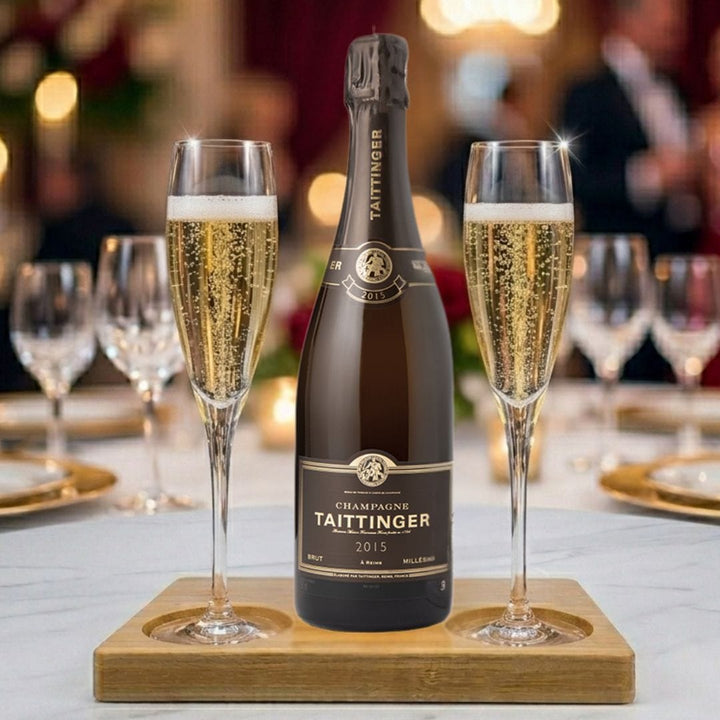 Personalised Taittinger Brut Milesimle Champagne Gift Hamper - Includes 2 Fine Crystal Champagne Glasses and Wooden Presentation Stand