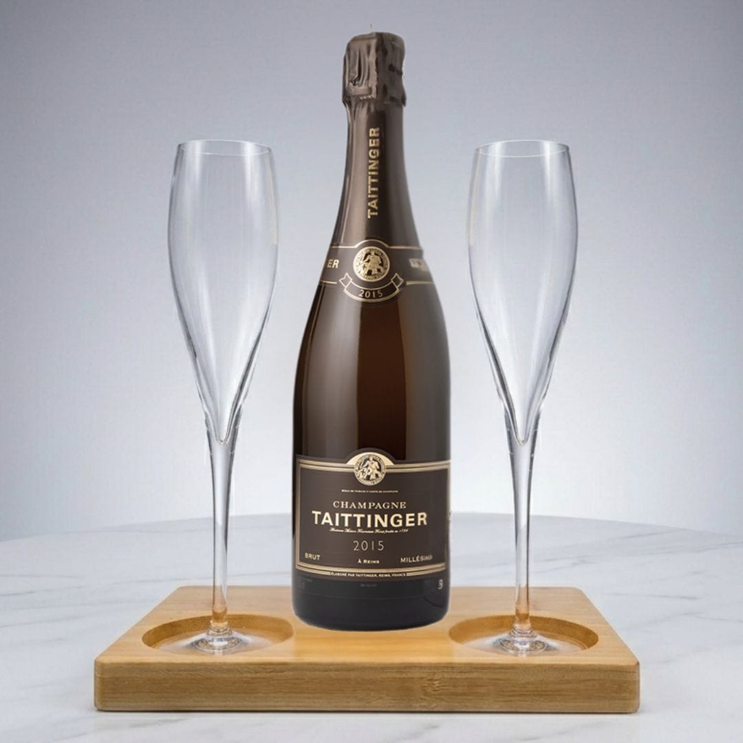 Personalised Taittinger Brut Milesimle Champagne Gift Hamper - Includes 2 Fine Crystal Champagne Glasses and Wooden Presentation Stand