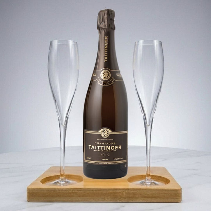 Personalised Taittinger Brut Milesimle Champagne Gift Hamper - Includes 2 Fine Crystal Champagne Glasses and Wooden Presentation Stand