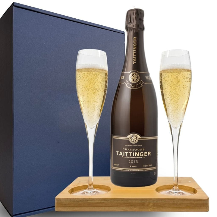 Personalised Taittinger Brut Milesimle Champagne Gift Hamper - Includes 2 Fine Crystal Champagne Glasses and Wooden Presentation Stand