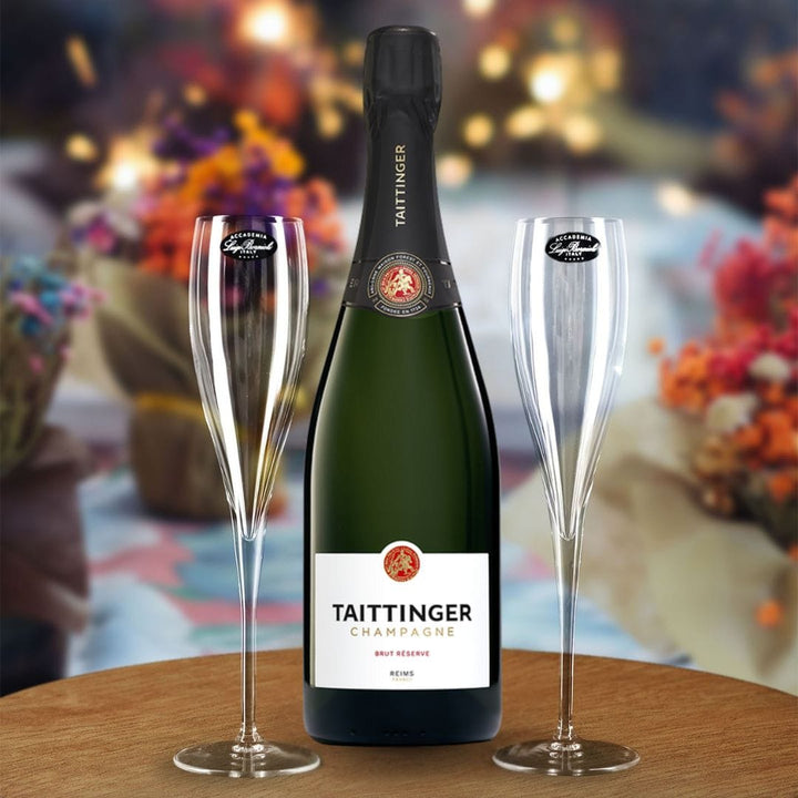 Personalised Taittinger Brut Reserve Champagne Gift Hamper - Includes 2 Fine Crystal Champagne Glasses