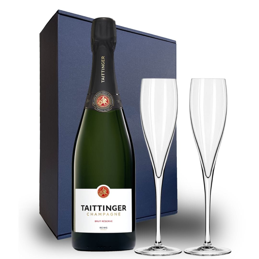 Personalised Taittinger Brut Reserve Champagne Gift Hamper - Includes 2 Fine Crystal Champagne Glasses