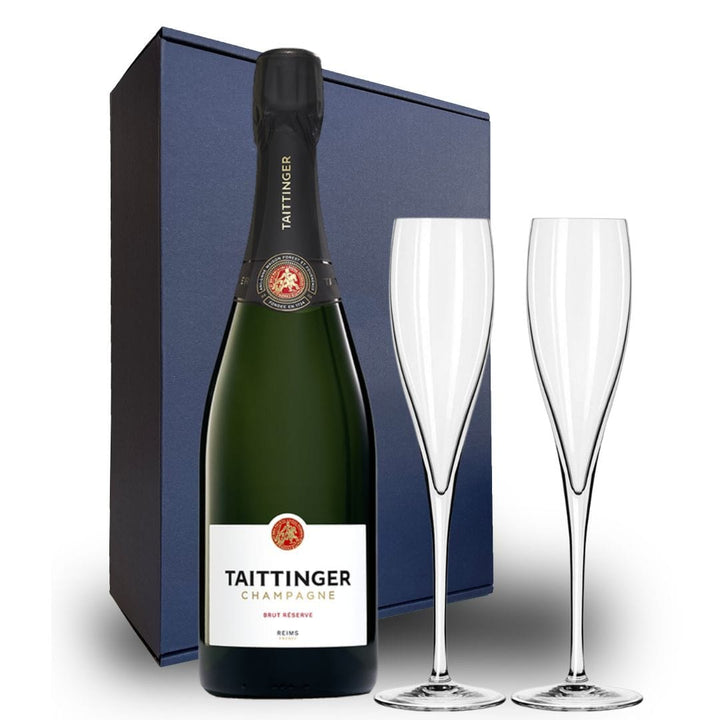 Personalised Taittinger Brut Reserve Champagne Gift Hamper - Includes 2 Fine Crystal Champagne Glasses