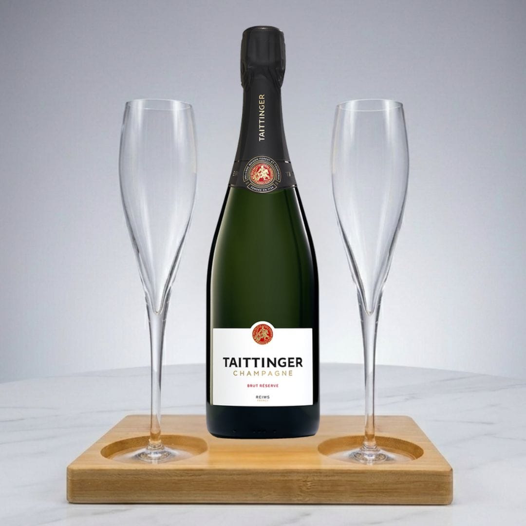 Personalised Taittinger Brut Reserve Champagne Gift Hamper - Includes 2 Fine Crystal Champagne Glasses and Wooden Presentation Stand