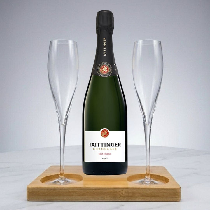 Personalised Taittinger Brut Reserve Champagne Gift Hamper - Includes 2 Fine Crystal Champagne Glasses and Wooden Presentation Stand
