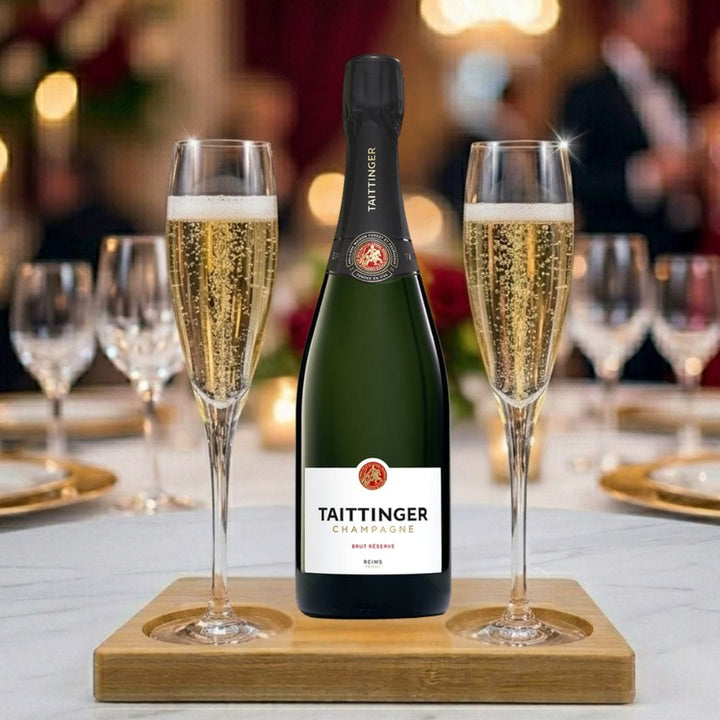 Personalised Taittinger Brut Reserve Champagne Gift Hamper - Includes 2 Fine Crystal Champagne Glasses and Wooden Presentation Stand
