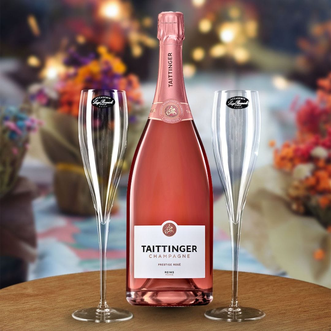 Personalised Taittinger Champagne Prestige Rosé Gift Hamper - Includes 2 Fine Crystal Champagne Glasses