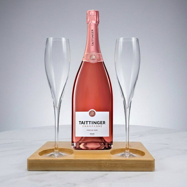 Personalised Taittinger Champagne Prestige Rosé Gift Hamper - Includes 2 Fine Crystal Champagne Glasses and Wooden Stand