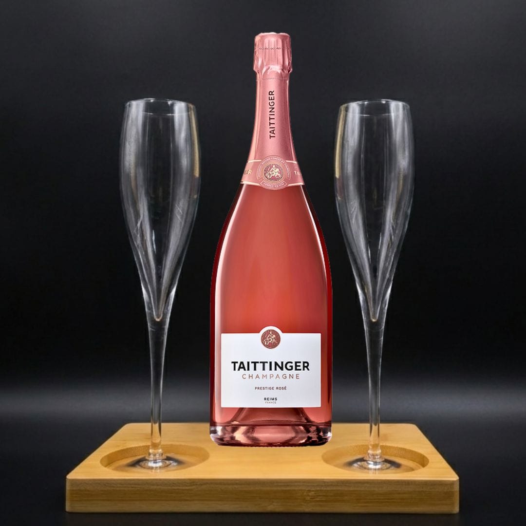 Personalised Taittinger Champagne Prestige Rosé Gift Hamper - Includes 2 Fine Crystal Champagne Glasses and Wooden Stand