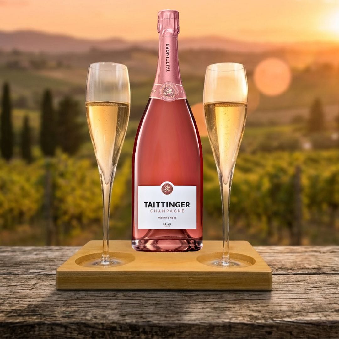 Personalised Taittinger Champagne Prestige Rosé Gift Hamper - Includes 2 Fine Crystal Champagne Glasses and Wooden Stand