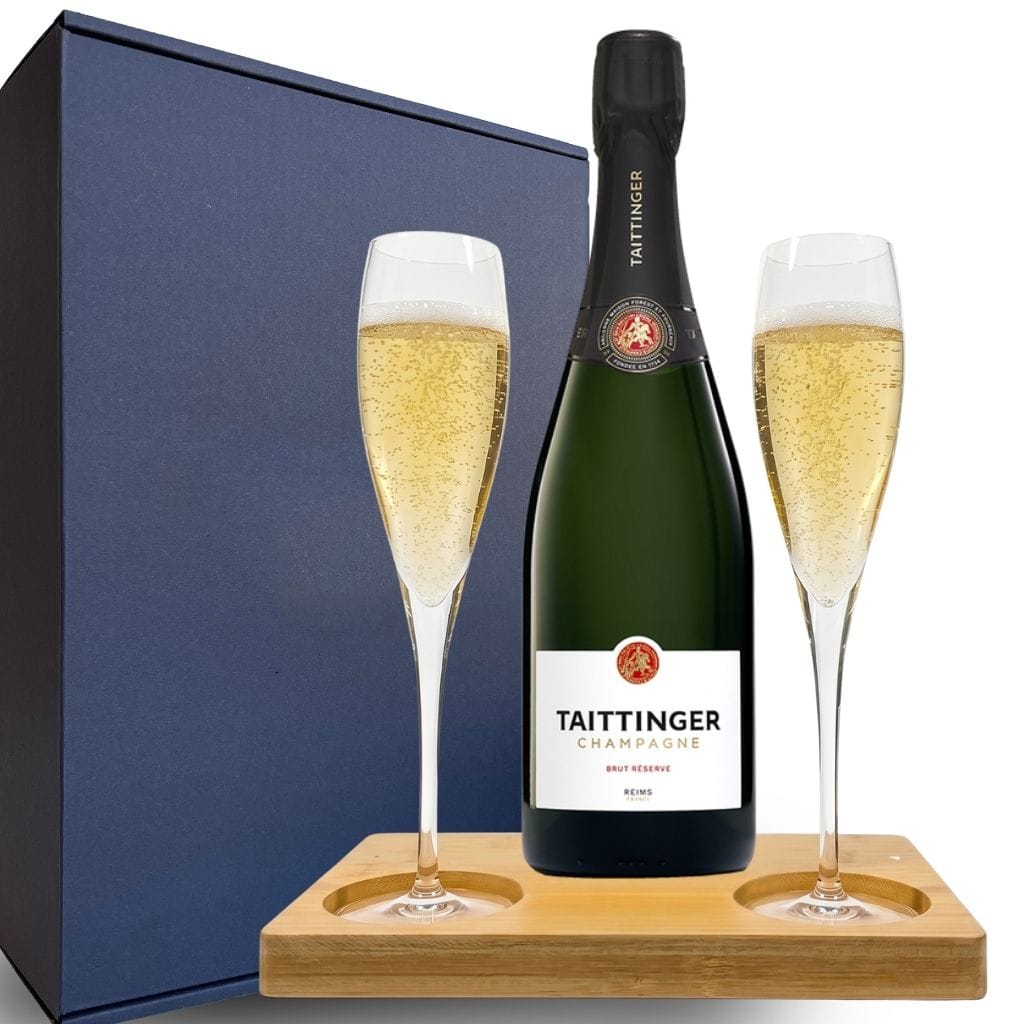 Personalised Taittinger Brut Reserve Champagne Gift Hamper - Includes 2 Fine Crystal Champagne Glasses and Wooden Presentation Stand