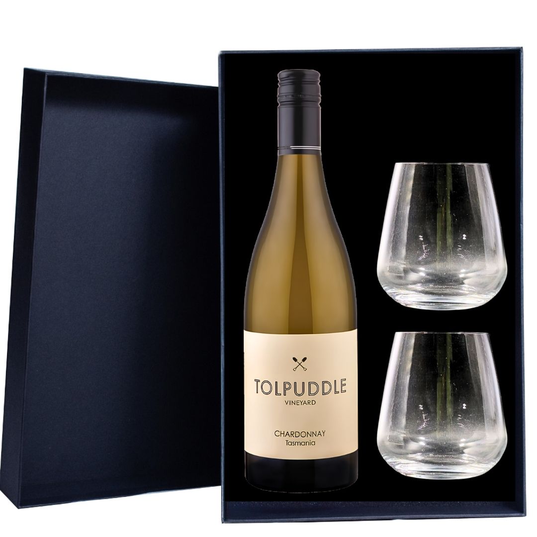 Personalised Tolpuddle Chardonnay Gift Hamper includes 2 Premium Wine Glasses