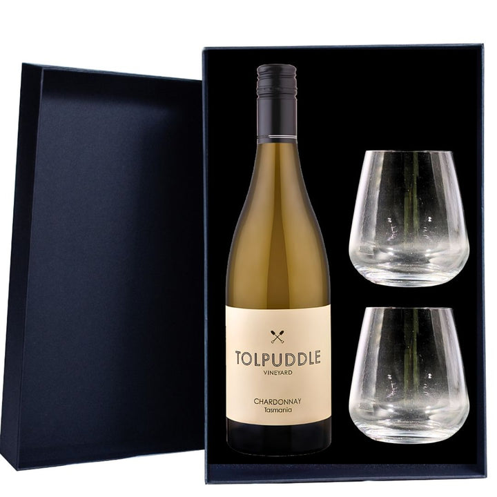 Personalised Tolpuddle Chardonnay Gift Hamper includes 2 Premium Wine Glasses