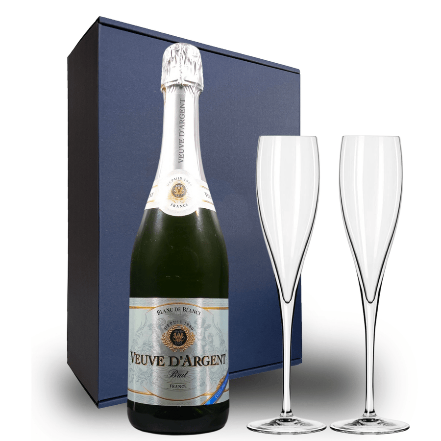 Veuve D'Argent Cuvee Prestige Blanc de Blanc Hamper - Includes 2 Champagne Flutes and Gift Boxed