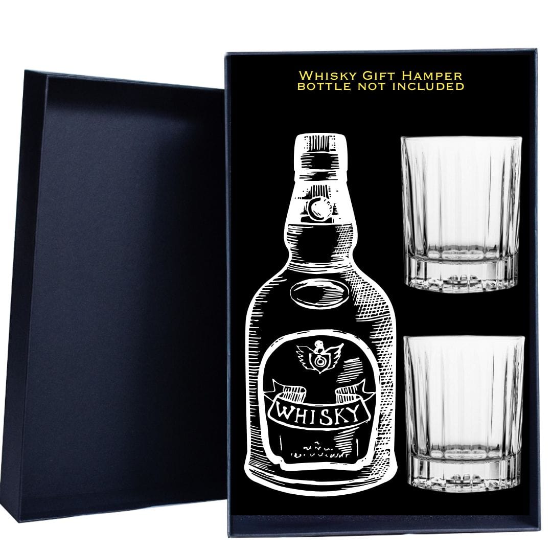 Personalised Gift Hamper includes 2 Engraved Crystal Glassware for the bottle of your choice