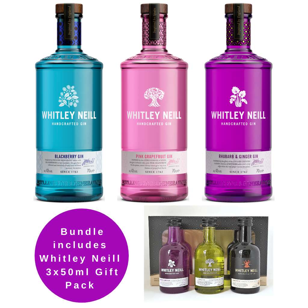 Whitley Neill Gin Gift Hamper - Rhubarb and Ginger, Pink Grapefruit & Blackberry Gins (Inc. Mini Gift Pack 3 x 50ml)