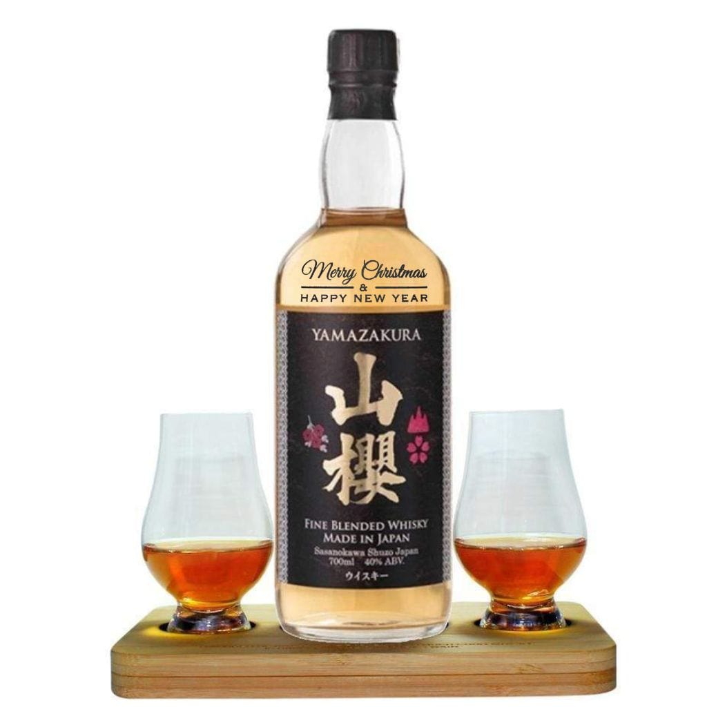 Christmas Edition Yamazakura Japanese Fine Blended Whisky Hamper Box Tasting Set includes Wooden Presentation Stand plus 2 Original Glencairn Whisky Glasses