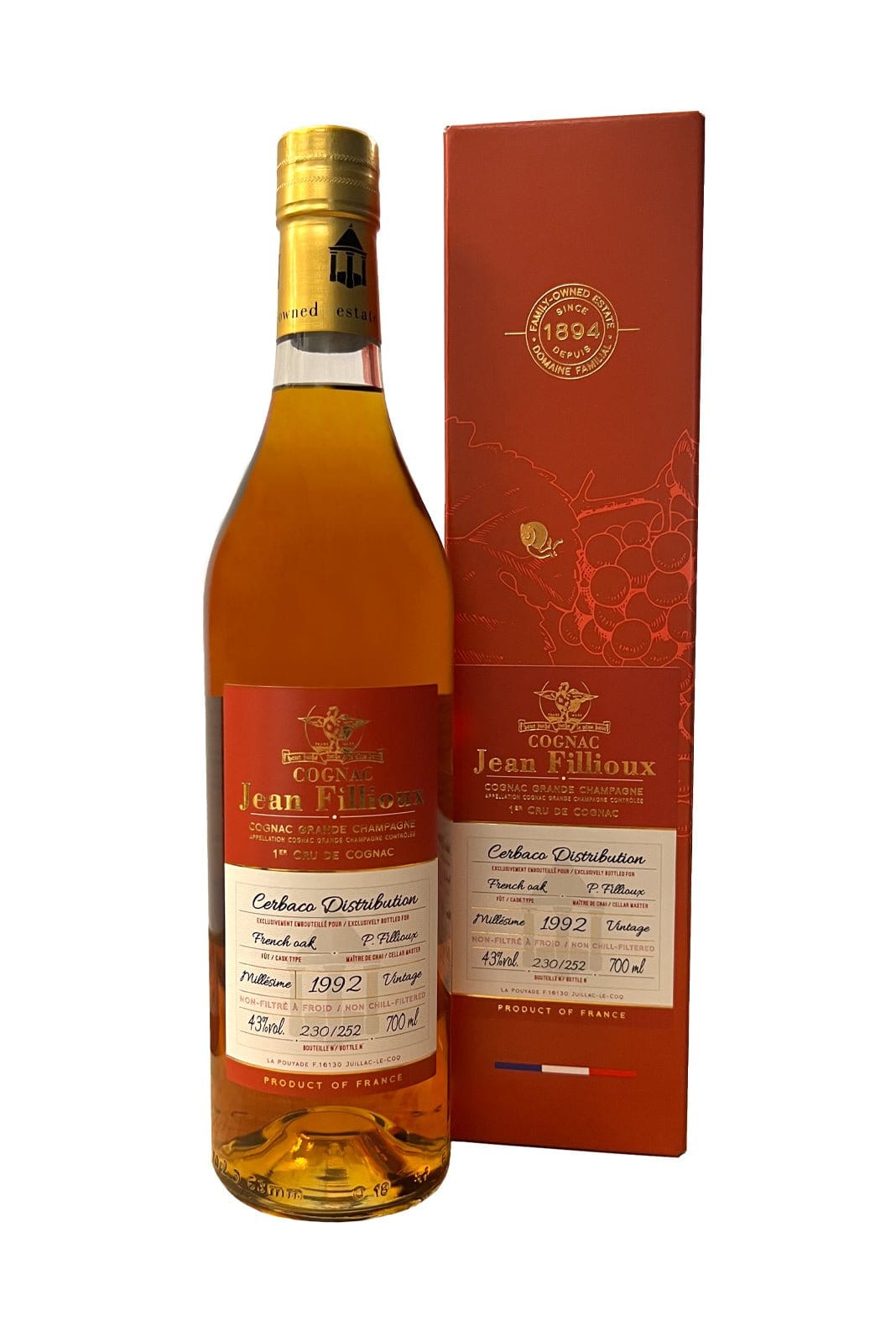 JEAN FILLIOUX 1992 COGNAC GRANDE CHAMPAGNE 43% 700ML