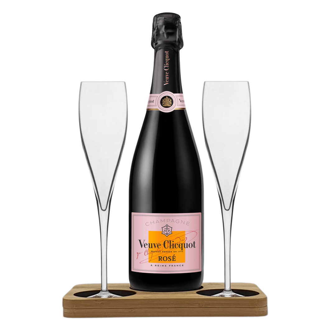 Veuve Clicquot Rose Hamper Box includes Presentation Stand and 2 Fine Crystal Champagne Flutes