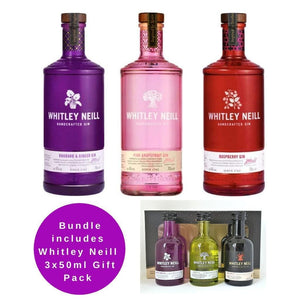 Whitley Neill Rhubarb and Ginger, Pink Grapefruit & Raspberry Gins 700ml (Inc. Mini Gift Pack 3x 50ml)