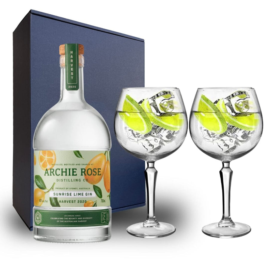 Archie Rose Harvest 2020 Sunrise Lime Gin Hamper Pack includes 2 Speakeasy Gin Glasses