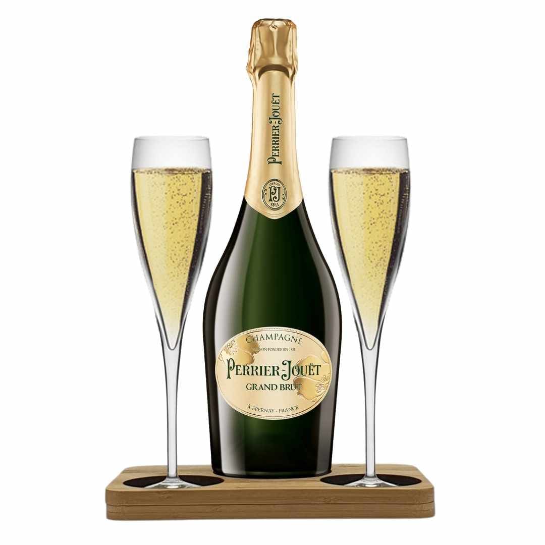 Perrier Jouet Champagne Hamper Box includes Presentation Stand and 2 Fine Crystal Champagne Flutes