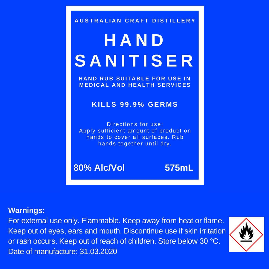 Hand Sanitiser 575mL - 80% Ethanol Made by Craft Whisky Distillery