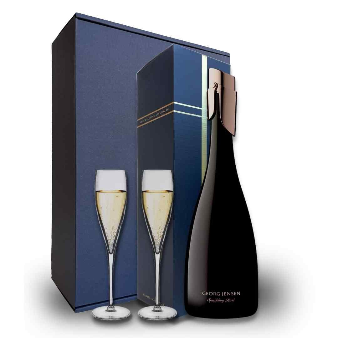 Personalised Georg Jensen Rose Gift Hamper- Includes 2 Champagne Flutes and Gift Boxed