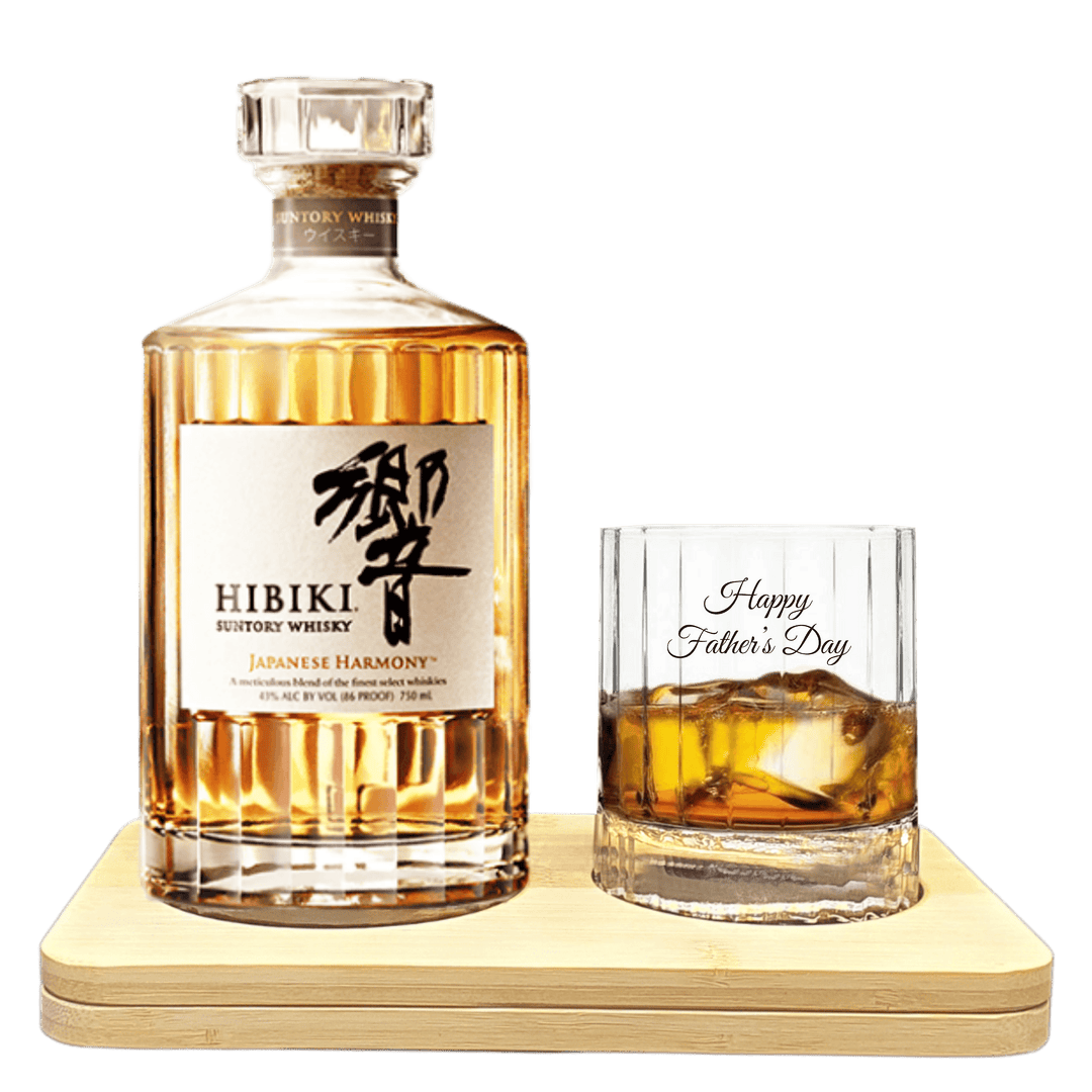 Father's Day Edition Hibiki Japanese Harmony Tasting Gift Set Hamper Box includes Wooden Presentation Stand plus 1 Luigi Bormioli Heavy Whiskey Crystal Glass