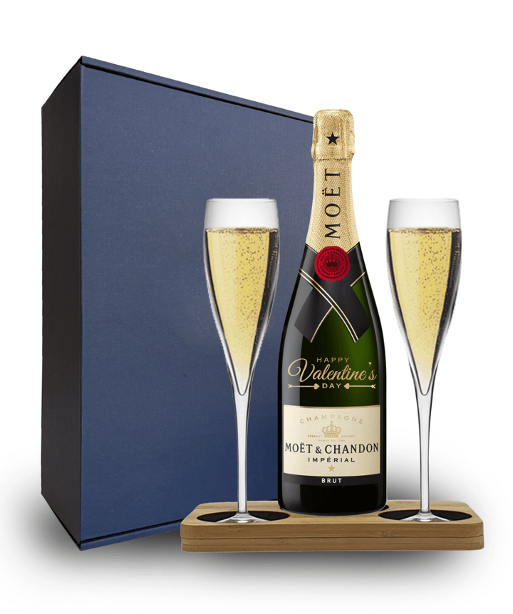 Valentine's Day Edition Moet & Chandon Gift Hamper - includes 2 Pack Champagne Flutes includes Wooden Presentation Stand