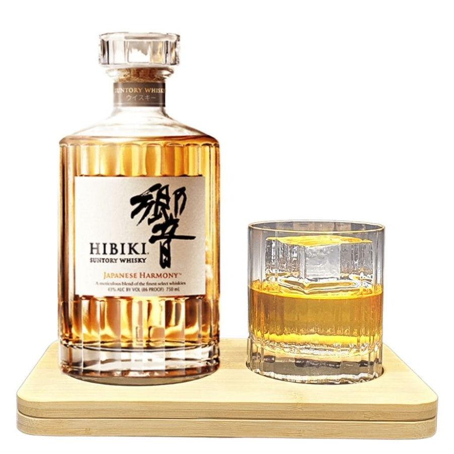 Personalised Hibiki Japanese Harmony Tasting Set Hamper Box includes Wooden Presentation Stand plus 1 Luigi Bormioli Heavy Whisky Crystal Glass