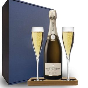 Personalised Louis Roederer Champagne Hamper Box includes Presentation Stand and 2 Fine Crystal Champagne Flutes