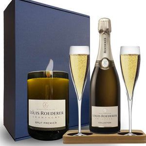 Limited Edition Louis Roederer & Candle Hamper Box includes Presentation Stand and 2 Fine Crystal Champagne Flutes