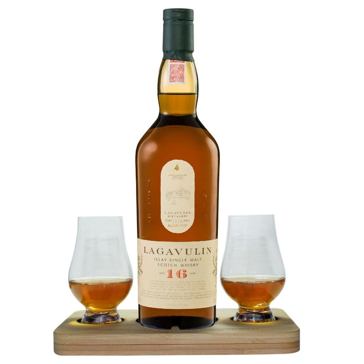 Lagavulin Whisky Tasting Gift Set Hamper Box includes Wooden Presentation Stand plus 2 Original Glencairn Whisky Glasses